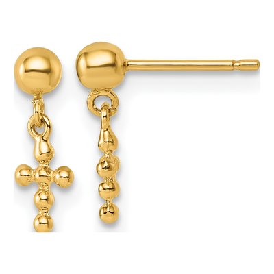 14K Yellow Gold Beaded Cross Dangle Earrings