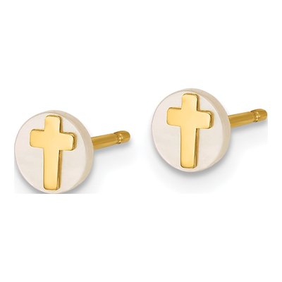 14K Yellow Gold Round Mother of Pearl Cross Stud Earrings – view 2