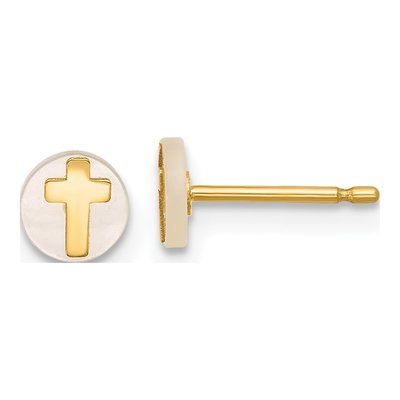 14K Yellow Gold Round Mother of Pearl Cross Stud Earrings