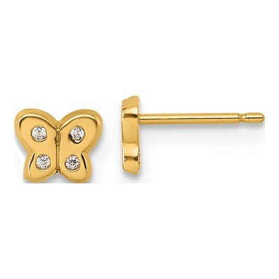 14K Yellow Gold Round CZ Butterfly Stud Earrings