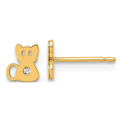 14K Yellow Gold Round CZ Cat for Girls Stud Earrings