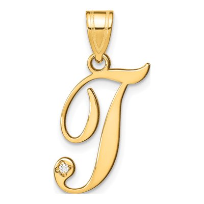 14K Yellow Gold Diamond Script Letter T Pendant