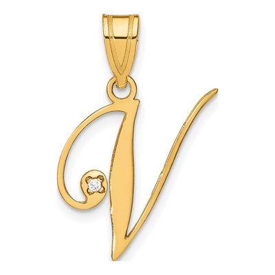 14K Yellow Gold Diamond Script Letter V Pendant