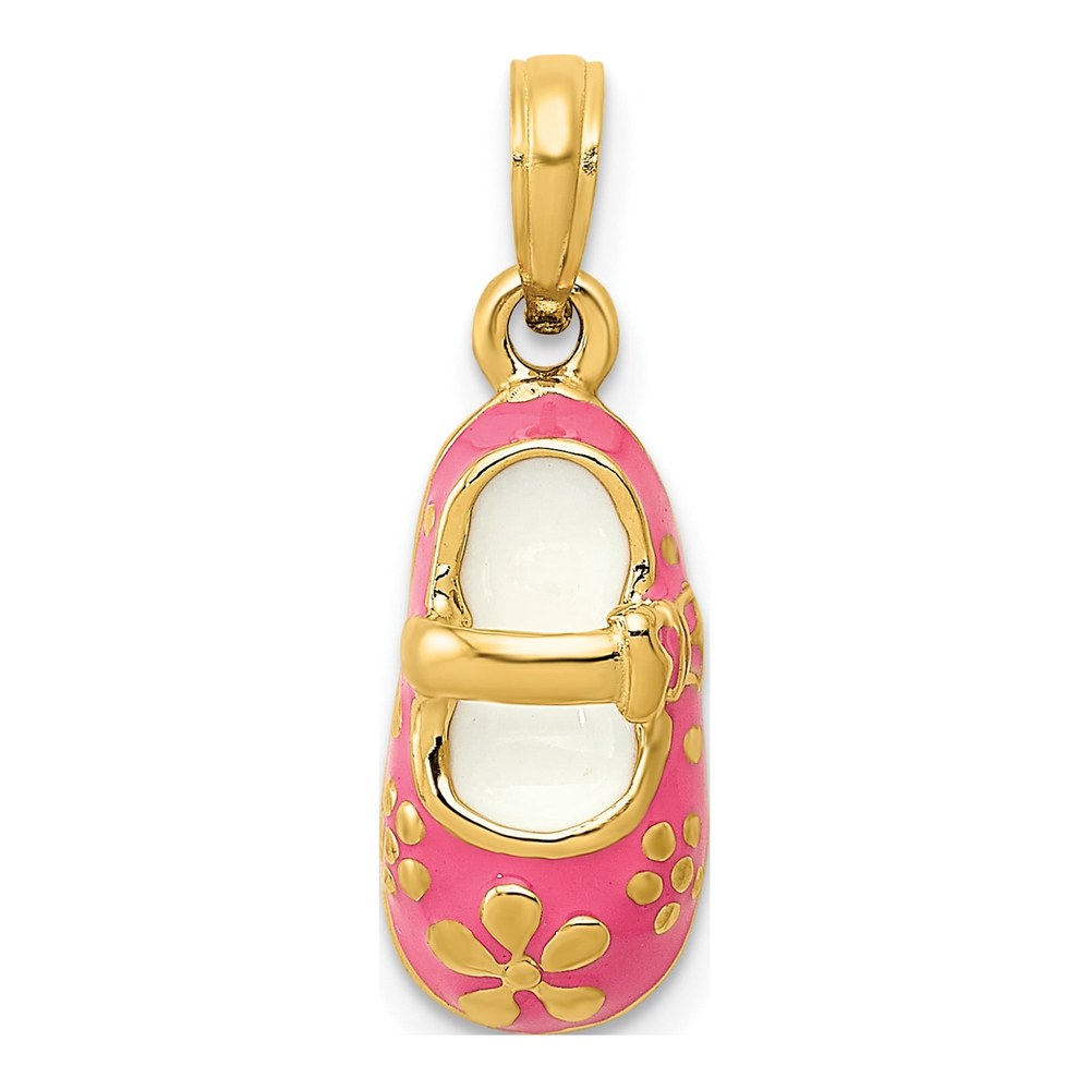 14K Yellow Gold Pink Enamel Baby Shoe Pendant