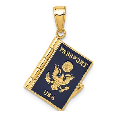 14K Yellow Gold Blue Enamel 3-D Passport Pendant