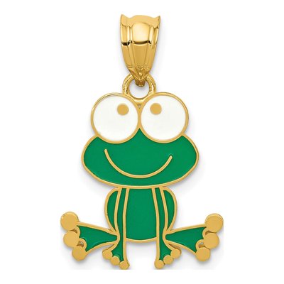 14K Yellow Gold Green Enamel Frog Pendant
