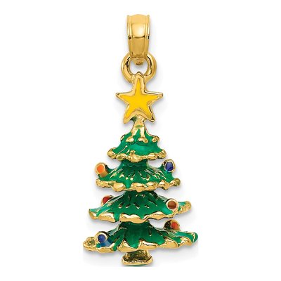 14K Yellow Gold 3-D Enameled Christmas Tree Pendant