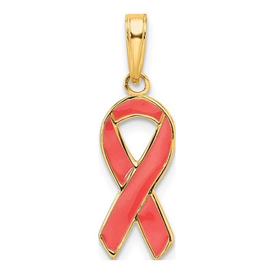 14K Yellow Gold Pink Enamel Awareness Ribbon Pendant