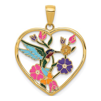 14K Yellow Gold Enamel Hummingbird Heart Pendant