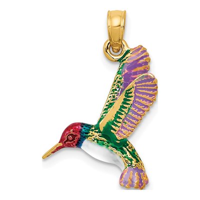 14K Yellow Gold Enameled 3-D Hummingbird Pendant