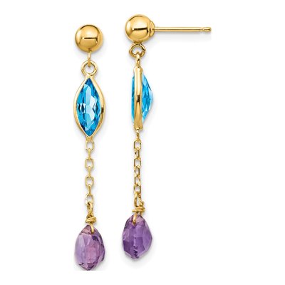 14K Yellow Gold Swiss Blue Topaz & Amethyst Dangle Earrings