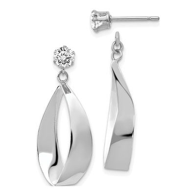 14K White Gold CZ Oval Dangle Earrings