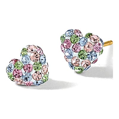 14K Yellow Gold Crystal Pastel Multi-Colored Heart Stud Earrings – view 6