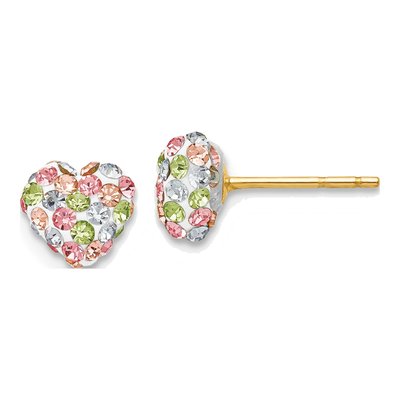 14K Yellow Gold Crystal Pastel Multi-Colored Heart Stud Earrings