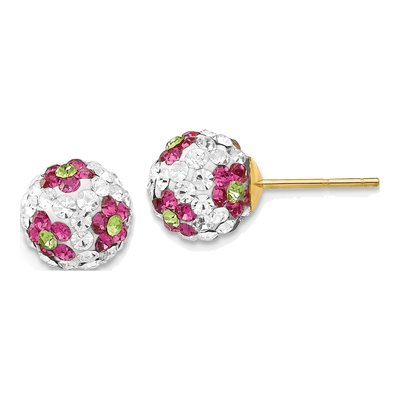 14K Yellow Gold Crystal Flower Ball Stud Earrings