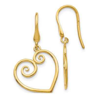 14K Yellow Gold Scrolled Heart Dangle Earrings