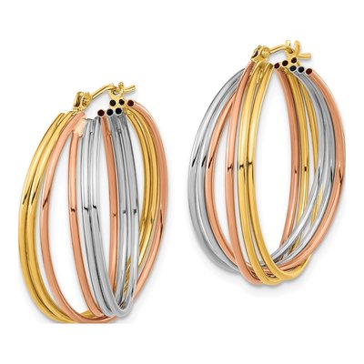 14K Tri-Color Gold 26mm Fancy Hollow Tube Hoop Earrings – view 3