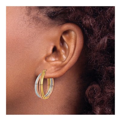 14K Tri-Color Gold 26mm Fancy Hollow Tube Hoop Earrings – view 4