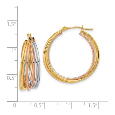 14K Tri-Color Gold 26mm Fancy Hollow Tube Hoop Earrings – view 5