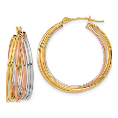 14K Tri-Color Gold 26mm Fancy Hollow Tube Hoop Earrings