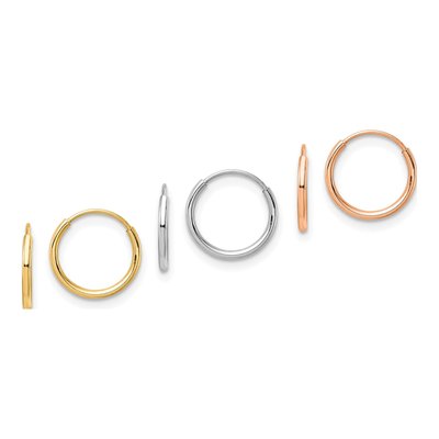 14K Tri-Color Endless Tube Hoop Earrings, Set of 3