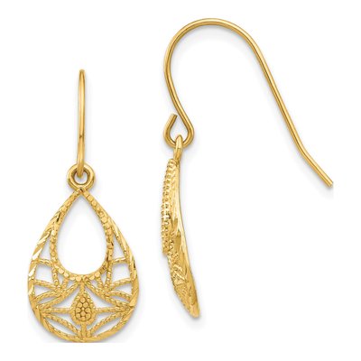 14K Yellow Gold Filigree Teardrop Dangle Earrings