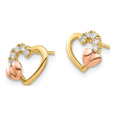 14K Two-Tone Gold Round CZ Heart Stud Earrings – view 3