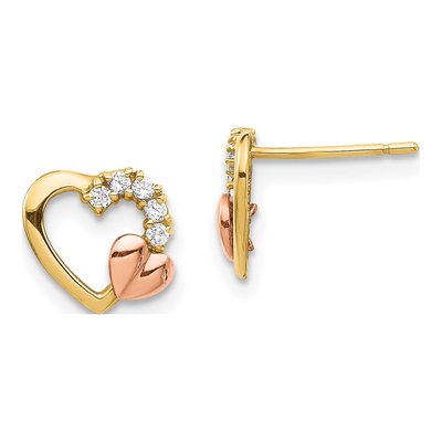 14K Two-Tone Gold Round CZ Heart Stud Earrings