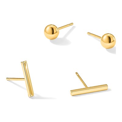 14K Yellow Gold Bar & Ball Post Earrings Set – view 7