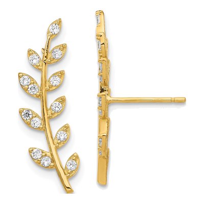 14K Yellow Gold CZ Fern Ear Climber Ear Climbers