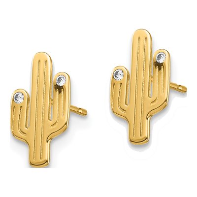 14K Yellow Gold Round CZ Cactus Stud Earrings – view 3