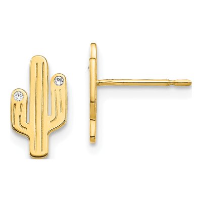 14K Yellow Gold Round CZ Cactus Stud Earrings