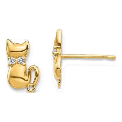 14K Yellow Gold Round CZ Cat Bowtie Stud Earrings