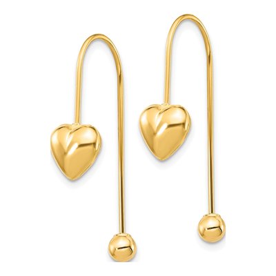 14K Yellow Gold Puffed Heart Threader Earrings – view 3