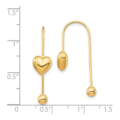 14K Yellow Gold Puffed Heart Threader Earrings – view 5
