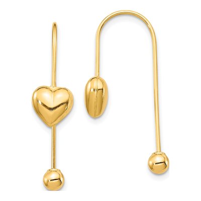 14K Yellow Gold Puffed Heart Threader Earrings