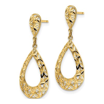 14K Yellow Gold Diamond-Cut Floral Teardrop Dangle Earrings – view 3
