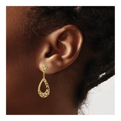 14K Yellow Gold Diamond-Cut Floral Teardrop Dangle Earrings – view 4