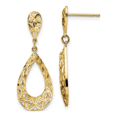 14K Yellow Gold Diamond-Cut Floral Teardrop Dangle Earrings