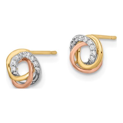 14K Tri-Color Gold Round CZ Love Knot Circle Stud Earrings – view 3
