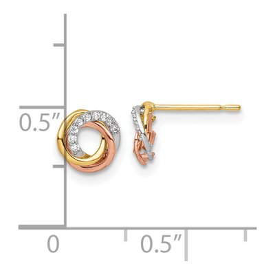 14K Tri-Color Gold Round CZ Love Knot Circle Stud Earrings – view 4