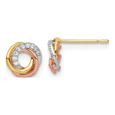 14K Tri-Color Gold Round CZ Love Knot Circle Stud Earrings