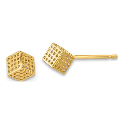 14K Yellow Gold Hollow Block Button Stud Earrings