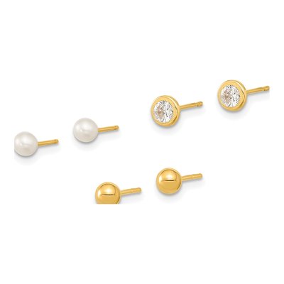 14K Yellow Gold 3-Pair Earring Set: Ball, Pearl, CZ – view 2
