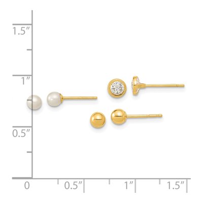 14K Yellow Gold 3-Pair Earring Set: Ball, Pearl, CZ – view 4