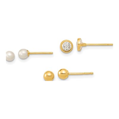 14K Yellow Gold 3-Pair Earring Set: Ball, Pearl, CZ
