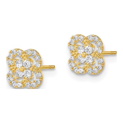 14K Yellow Gold Round CZ Quatrefoil Button Stud Earrings – view 2