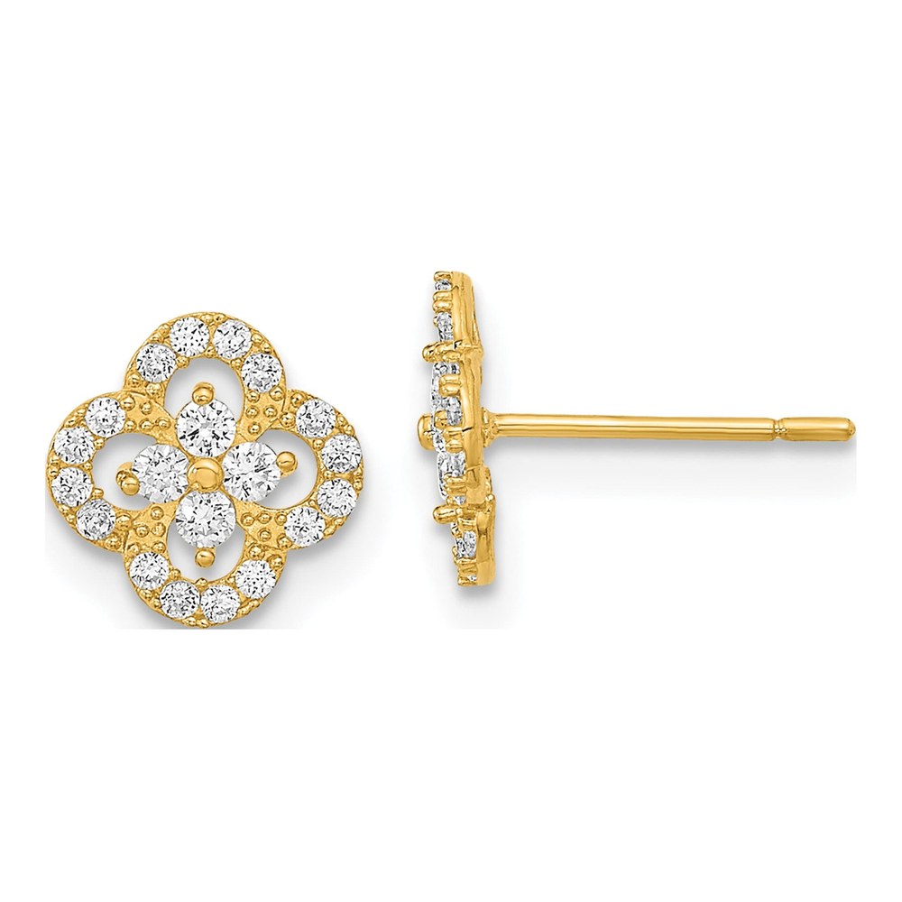 14K Yellow Gold Round CZ Quatrefoil Button Stud Earrings