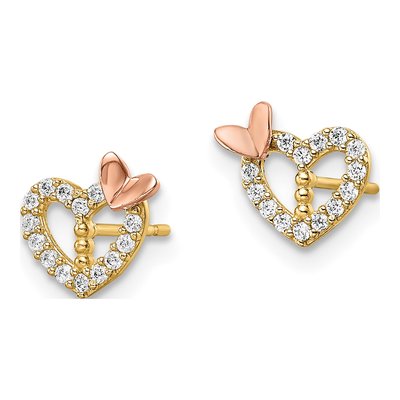 14K Two-Tone Gold Round CZ Heart Butterfly Stud Earrings – view 3