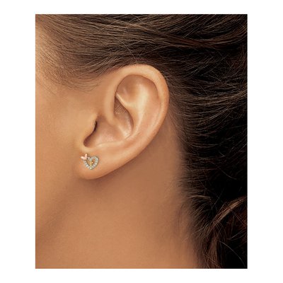 14K Two-Tone Gold Round CZ Heart Butterfly Stud Earrings – view 4